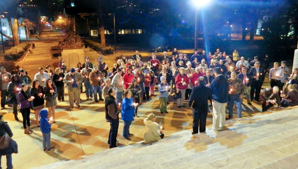 Shirley Burnham / The Prentiss Headlight – Prayerful silence reigns as residents from across the state on the capitol steps to pray for an end to abortion.
