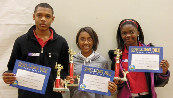 Shirley Burnaham / The Prentiss Headlight — JDCSD Spelling Bee winners are: 3rd Ron Baker, 1st place Shakira Hall and 2nd place winner Angel Magee. 