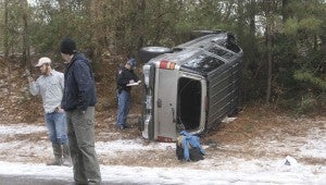 Karen Sanford / The Prentiss Headlight — The above vehicle overturned after hitting an icy patch on Highway 35 on Wednesday. The Mississippi Highway Patrol, Good Hope and Bassfield Fire Departments were on scene and reported no serious injuries