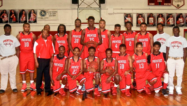 THE PRENTISS HEADLIGHT / KAREN SANFORD —The 2013-14 Prentiss High School Men’s Basketball Team: Head Coach Calvin Morgan, (front row standing), Assistant Coach Jacques Poole (not pictured). Kneeling (l to r) JaVonne Walker, Kendrick Graves, Chauncey Baggett, Tashaderick Collins, Dedarious Sumrall, Nick Bournes and Donta Ford. (back row standing) Manager Malik Gardner, Deanyte Crockett, Damien Perkins, Tre’von Ratliff, Phillip Lucas, James Hawthorne, Kevin Hall, Justice Reese, Jessie Sands, Cameron Carter, and Managers Willie Young and Quin’Darrius Hall.