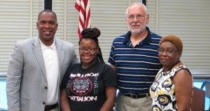 Two JDC Students received first place HOSA and FBLA State Club honors recently.  Nyquisha Brown, HOSA State Club, placed 1st  in Personal Care.  Oliviyah Farris, FBLA State Club, placed 1st in Word Processing. Pictured here are Superintendent Haynes, Nyquisha Brown, Dr. Thomas Johnson, Linnette Farris representing Oliviyah Farris. 