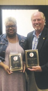 Reverend Cynthia Cross, District Superintendent for Hattiesburg and the Prentiss United Methodist Church lay delegate for the Mississippi Annual Conference, Mayor Charley Dumas pose with awards.